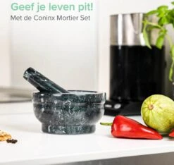 Coninx Vijzel - Mortier Met Stamper - Kruidenstamper - Ø15 X H8CM - Zwart Marmer Gepolijst -Kookgerei Koning Verkoop 1200x1138 9