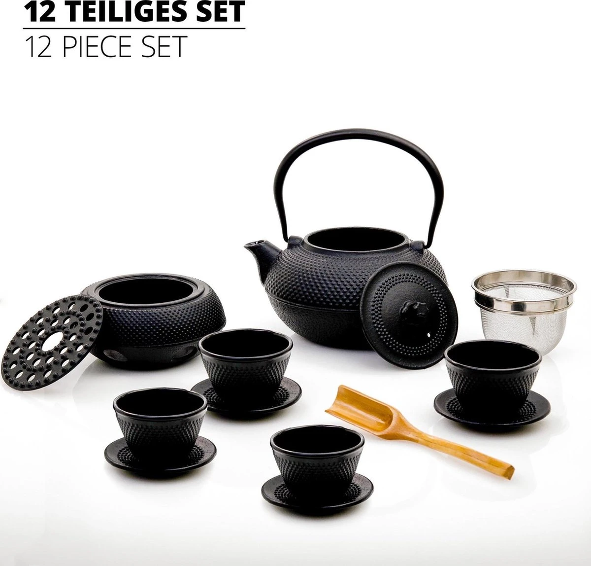 Lumaland - 12 Delig Theeservies - 1.4 L Gietijzeren Theepot - Theewarmer, Lepel, Zeef, 4 Kopjes En 4 Onderzetters 1 Lumaland - 12 Delig Theeservies - 1.4 L Gietijzeren Theepot - Theewarmer, Lepel, Zeef, 4 Kopjes En 4 Onderzetters