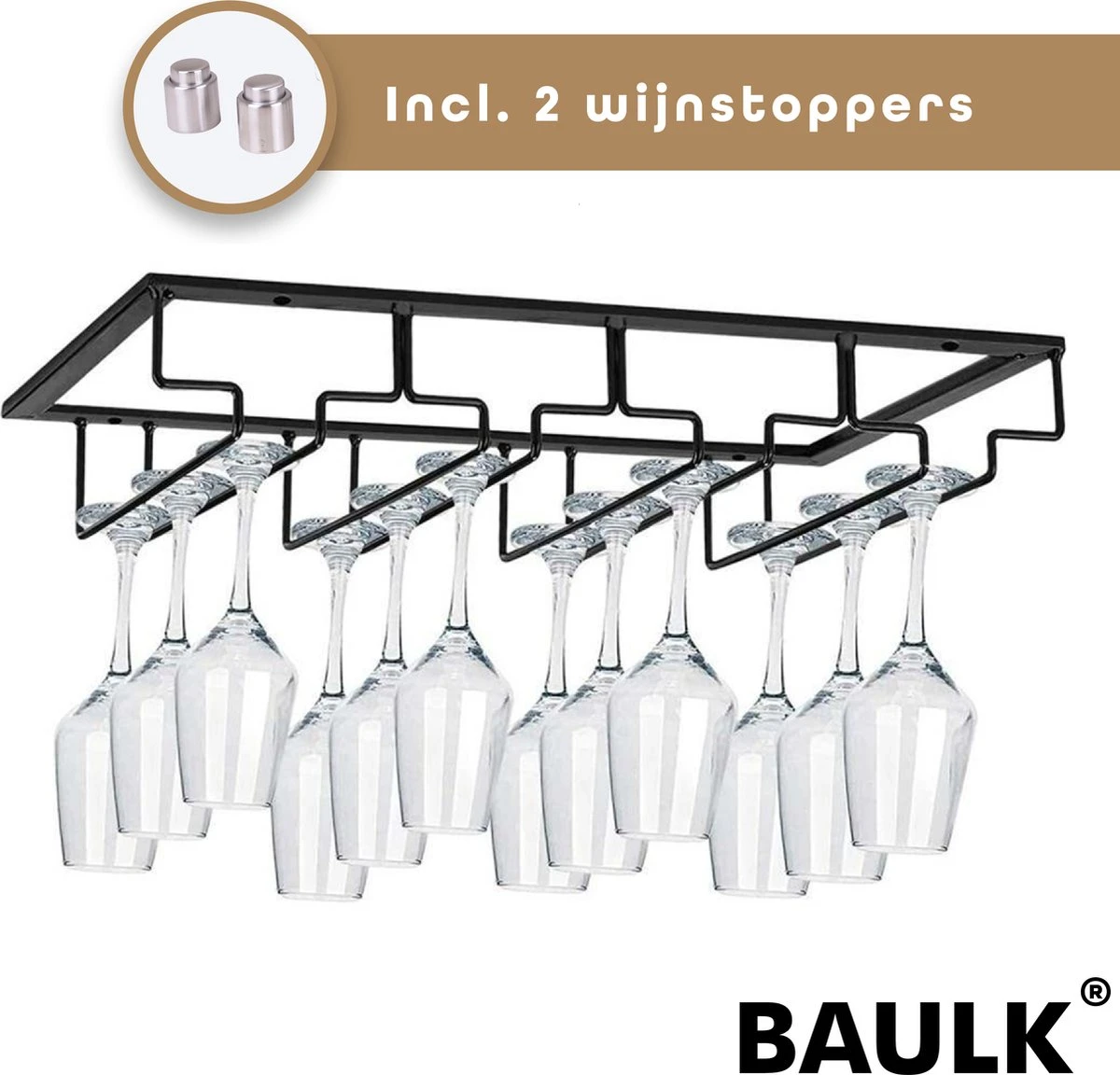 BAULK® - Wijnglazenhouder - Wijnglazenrek - Wijnglazen Rek - Glazenrek - Hangend - Tot 12 Glazen - 2 Gratis Wijnstoppen - 4 Rijen - Zwart 1 BAULK® - Wijnglazenhouder - Wijnglazenrek - Wijnglazen Rek - Glazenrek - Hangend - Tot 12 Glazen - 2 Gratis Wijnstoppen - 4 Rijen - Zwart
