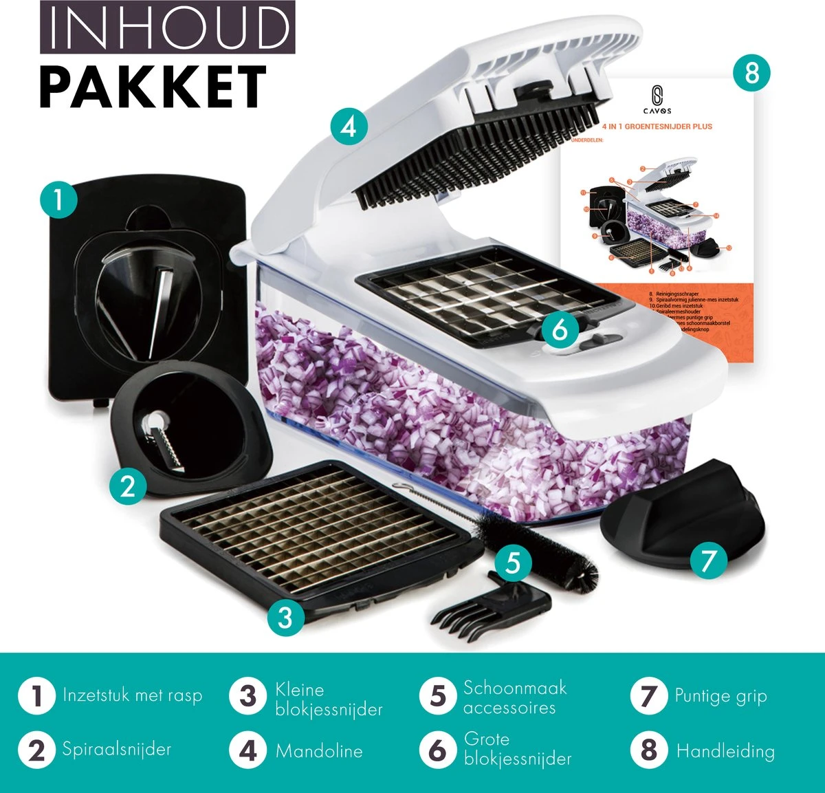 Cavos - Multifunctionele Groentesnijder - Mandoline - Uiensnijder - Frietsnijder - Rasp - Vlijmscherp - BPA-vrij 8 Cavos - Multifunctionele Groentesnijder - Mandoline - Uiensnijder - Frietsnijder - Rasp - Vlijmscherp - BPA-vrij - Afbeelding 8