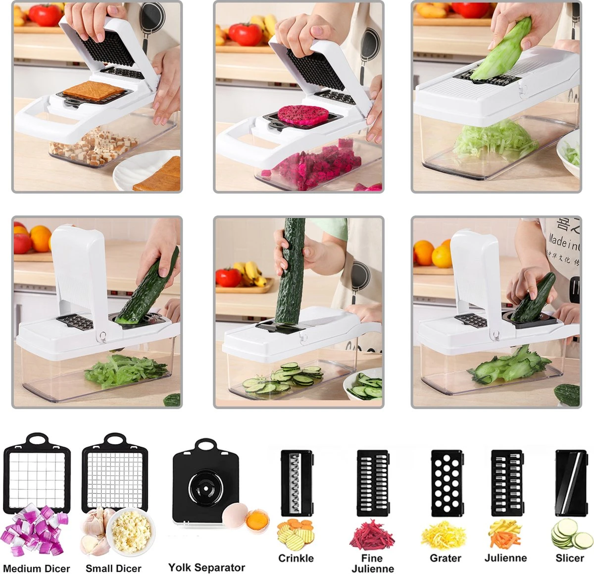 Groentesnijder - Mandoline - Keukenhulp - Stevig Materiaal - Raspen - Snijder - Dooierscheider - Alle Mogelijke Snij Opties - Vergiet - Grote Opvang Bak - Extra Uitgebreid - Handig Wisselsysteem 4 Groentesnijder - Mandoline - Keukenhulp - Stevig Materiaal - Raspen - Snijder - Dooierscheider - Alle Mogelijke Snij Opties - Vergiet - Grote Opvang Bak - Extra Uitgebreid - Handig Wisselsysteem - Afbeelding 4