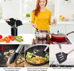 Merkloos Keukengerei Set Met Houder 12-delig - Siliconen – Ophangbaar - Antiaanbak Laag – Hittebestendig En BPA Vrij - Zwart -Kookgerei Koning Verkoop 1200x1162 5