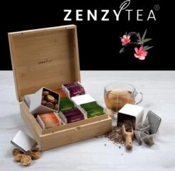 Theedoos Van ZENZYTEA® - Bamboe - Theedoos 9 Vaks - Inclusief 3 Theeblikken Voor Losse Thee - Geschikt Voor Grote & Kleine Theezakjes - Vierkant - Grote Vakken - Luxe Verpakking - Cadeau -Kookgerei Koning Verkoop 1200x1169 16