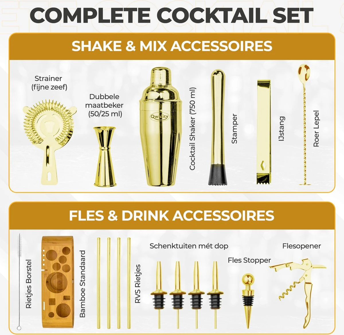 Cocktail Set - 20 Delig (750ml) - Cocktail Shaker Set - Incl. Nederlandstalig Recepten E-book – Valentijn - Luxe Cadeau Man Vrouw - Shaker Set – Goudkleurig – Qwality 3 Cocktail Set - 20 Delig (750ml) - Cocktail Shaker Set - Incl. Nederlandstalig Recepten E-book – Valentijn - Luxe Cadeau Man Vrouw - Shaker Set – Goudkleurig – Qwality - Afbeelding 3