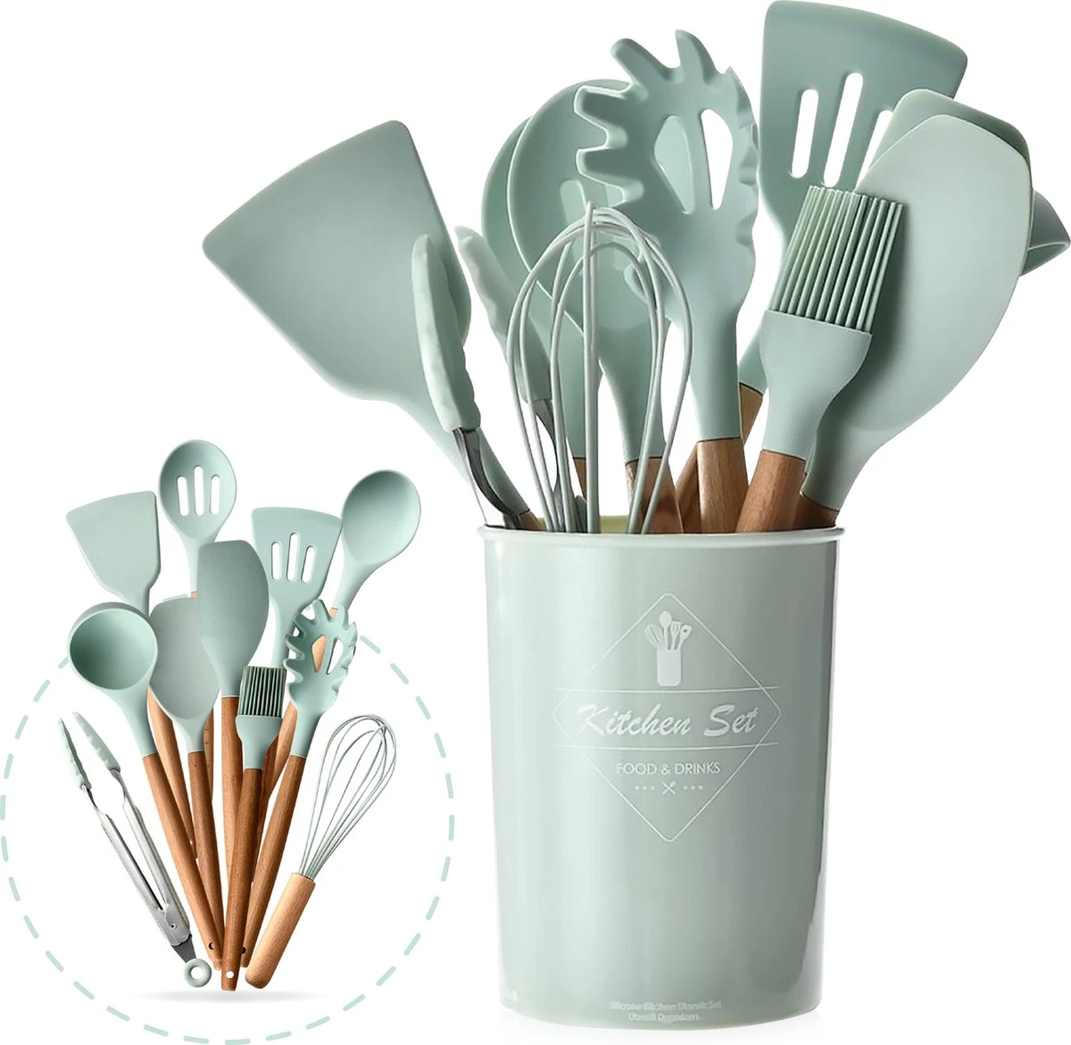 Keukengerei Set Met Houder - Kookgerei Set Spatel Pot - Keukengerei Keukenset - 12 Delig Mint Groen 1 Keukengerei Set Met Houder - Kookgerei Set Spatel Pot - Keukengerei Keukenset - 12 Delig Mint Groen