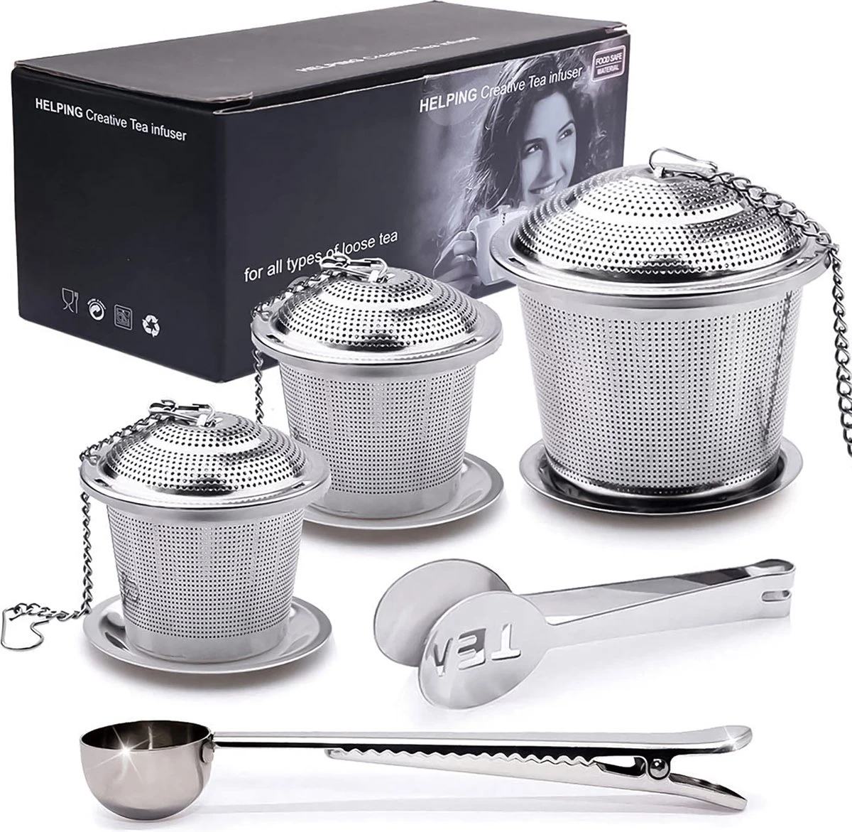 TeaLux 5-Delig RVS Theefilters Set Met Maatlepel En Lekbakjes En Knijper - Theezeef Voor Losse Thee En Kruiden - Tea InfuserStrainer Giftset - Verse Thee FilterZeef Cadeau Pakket - Kruidenbuiltje Ei Met Onderzetters - Geschenkset 1 TeaLux 5-Delig RVS Theefilters Set Met Maatlepel En Lekbakjes En Knijper - Theezeef Voor Losse Thee En Kruiden - Tea InfuserStrainer Giftset - Verse Thee FilterZeef Cadeau Pakket - Kruidenbuiltje Ei Met Onderzetters - Geschenkset