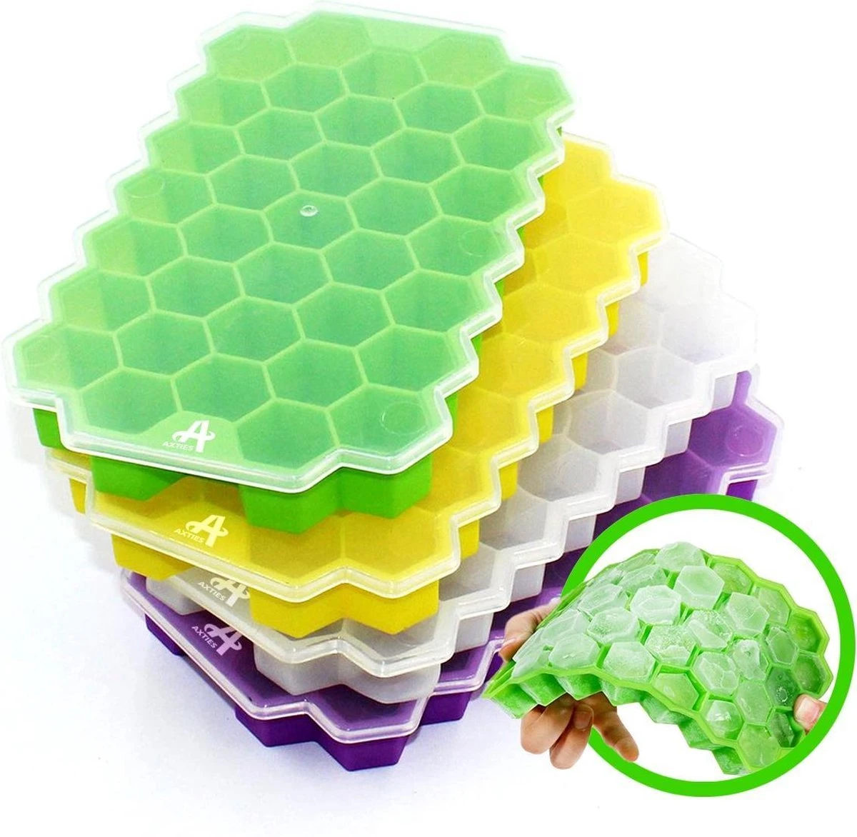 Axties - IJsblokjesvorm Met Deksel - Siliconen - Multicolor - 4 Stuks 1 Axties - IJsblokjesvorm Met Deksel - Siliconen - Multicolor - 4 Stuks