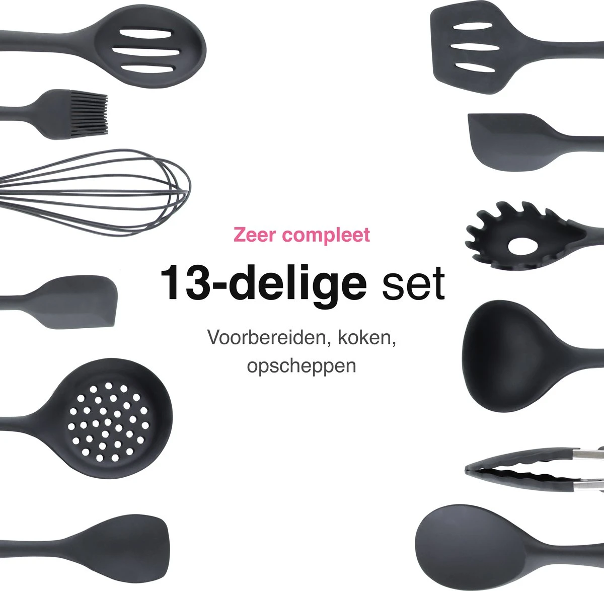 Vivid Green 13-delige Siliconen Keukengerei Set Met Houder - Kookgerei Set - Keuken Gerei - Hittebestendig / BPA - Zwart 3 Vivid Green 13-delige Siliconen Keukengerei Set Met Houder - Kookgerei Set - Keuken Gerei - Hittebestendig / BPA - Zwart - Afbeelding 3