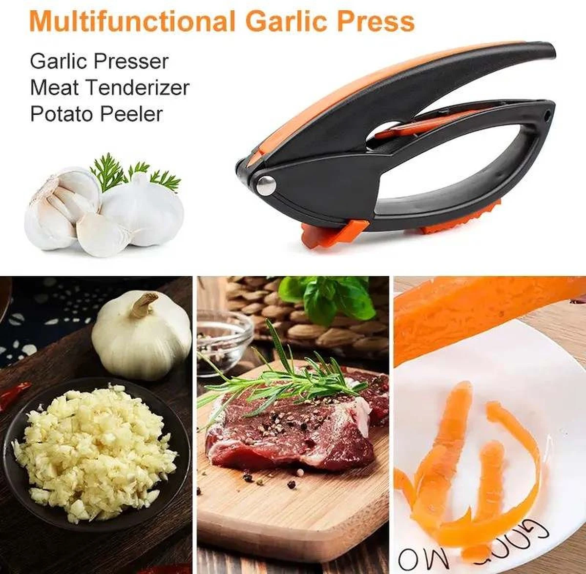 Merkloos Knoflookpers/Aardappel Schiller/Vlees Hamer - 3 In 1 - Vaatwasser Bestendig - Zwart/Oranje 1 Merkloos Knoflookpers/Aardappel Schiller/Vlees Hamer - 3 In 1 - Vaatwasser Bestendig - Zwart/Oranje