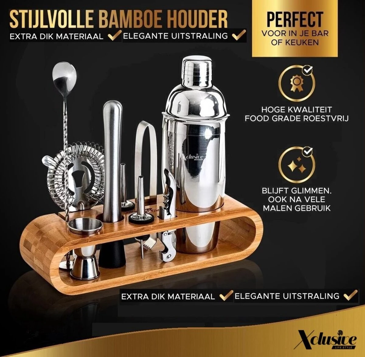 Xclusive-lifestyle® Luxe Cocktail Set - 16-Delige Cocktailset - Cocktail Shaker - 750ml - Robuuste Bamboe Houder - Nederlandstalig Receptboekje En RVS Cocktailrietjes - Luxe Cadeauverpakking - Een Uniek Kado 3 Xclusive-lifestyle® Luxe Cocktail Set - 16-Delige Cocktailset - Cocktail Shaker - 750ml - Robuuste Bamboe Houder - Nederlandstalig Receptboekje En RVS Cocktailrietjes - Luxe Cadeauverpakking - Een Uniek Kado - Afbeelding 3