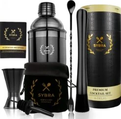 Cocktail Set Sybra - 6-Delige Space Grey Cocktailset - Cocktail Shaker 750ML - Bewaarhoes - Cocktailreceptenboekje