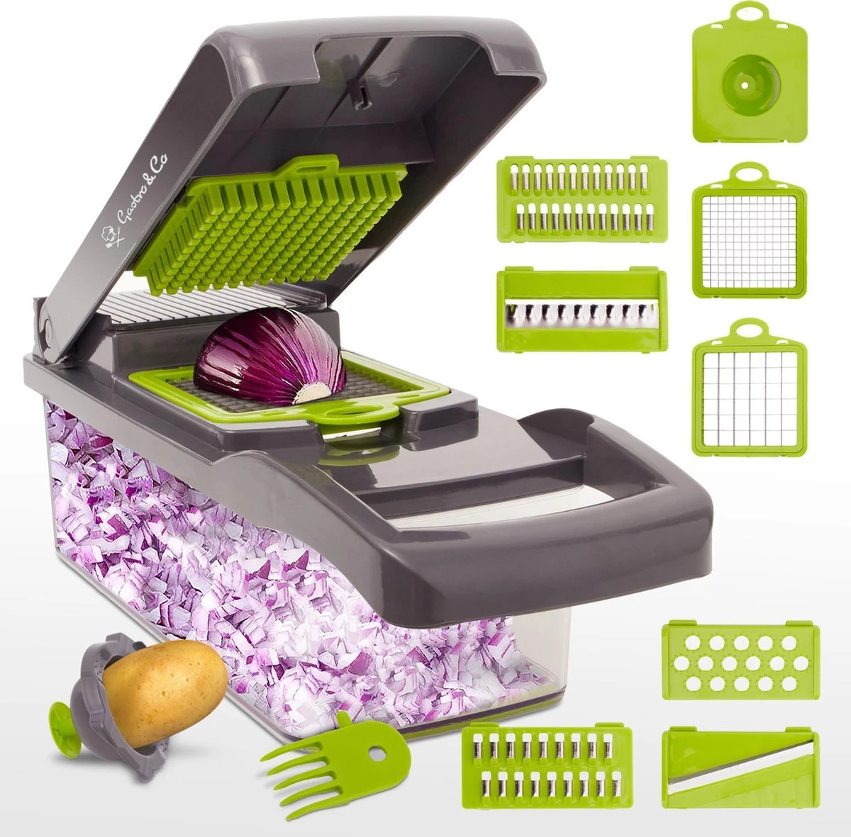 Gastro & Co® 8-Delige Mandoline - Multifunctionele Groentesnijder Inclusief Eiwitscheider & Schoonmaakborstel - Groente & Fruit Snijder - Julienne Keukensnijder - Keuken Snijmachine - Fruitsnijder - Uiensnijder - Patatsnijder - Frietsnijder 1 Gastro & Co® 8-Delige Mandoline - Multifunctionele Groentesnijder Inclusief Eiwitscheider & Schoonmaakborstel - Groente & Fruit Snijder - Julienne Keukensnijder - Keuken Snijmachine - Fruitsnijder - Uiensnijder - Patatsnijder - Frietsnijder