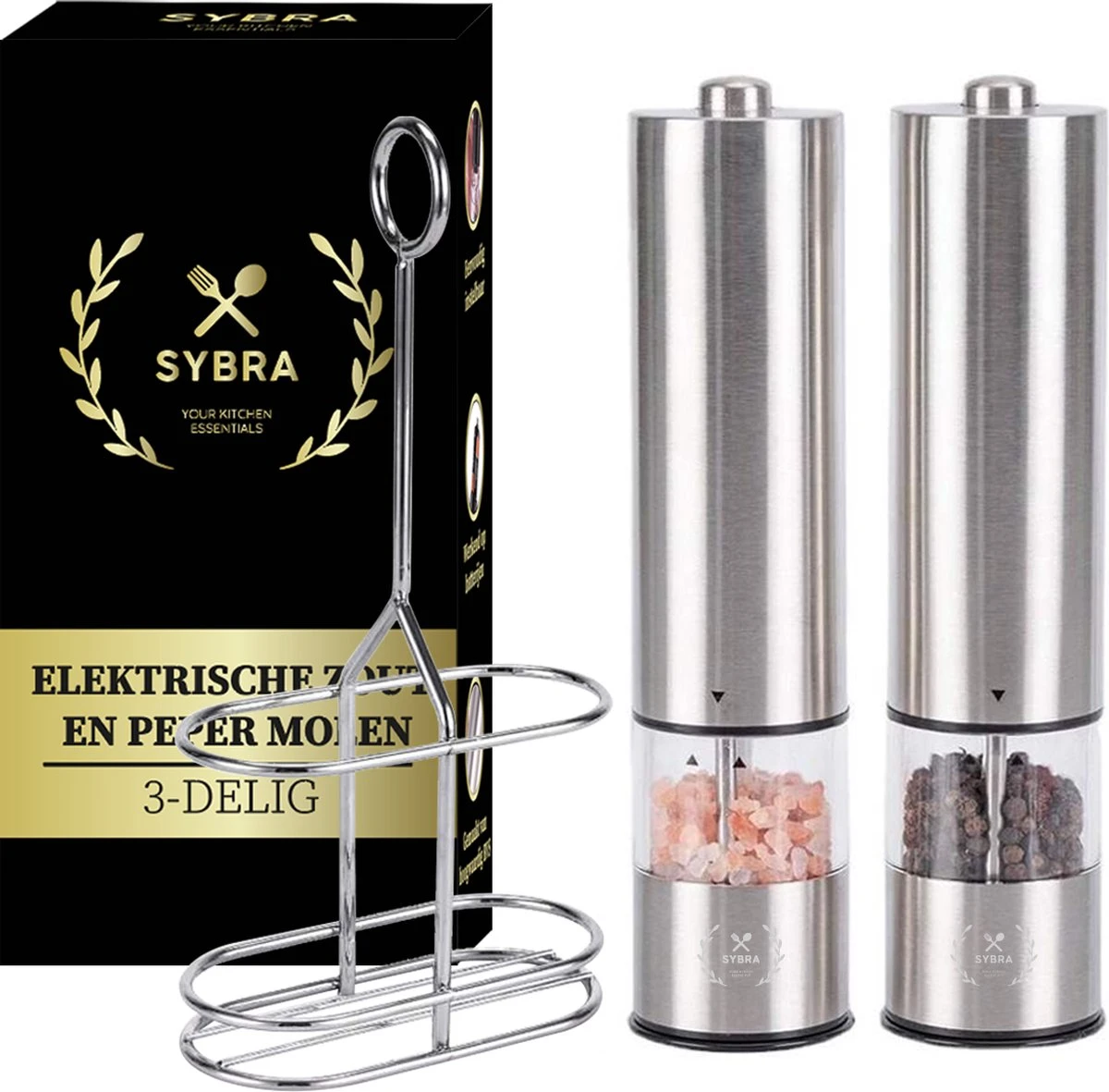 Sybra Peper En Zoutmolen Elektrisch – Peper En Zoutmolen Set Elektrisch – Pepermolen En Zoutmolen – Hoogwaardig RVS – Inclusief Houder 1 Sybra Peper En Zoutmolen Elektrisch – Peper En Zoutmolen Set Elektrisch – Pepermolen En Zoutmolen – Hoogwaardig RVS – Inclusief Houder