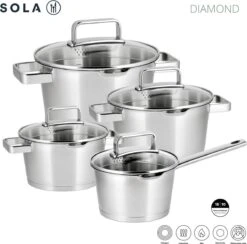 Sola Pannenset Diamond - 4 Delig - Ø 16,16,18,20 Cm - Zilver - RVS - Sandwichbodem -Kookgerei Koning Verkoop 1200x1183 17