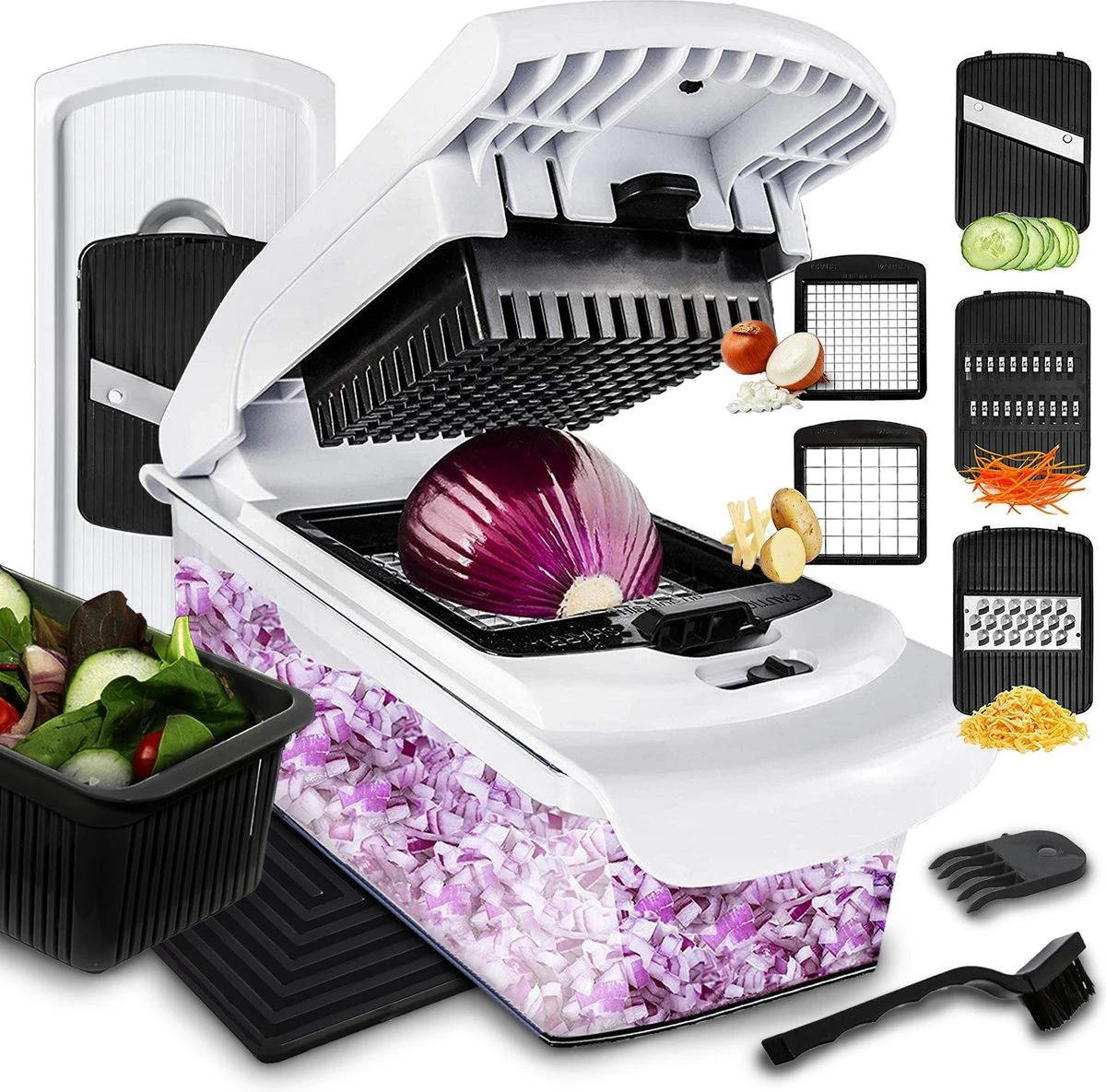 Lekro Multifunctionele Groentesnijder Met Glazen Ovenschaal - Mandoline - Uiensnijder - Frietsnijder - Groentensnijder- Anti-slip Mat - Glas & RSV - 12-delig 1 Lekro Multifunctionele Groentesnijder Met Glazen Ovenschaal - Mandoline - Uiensnijder - Frietsnijder - Groentensnijder- Anti-slip Mat - Glas & RSV - 12-delig