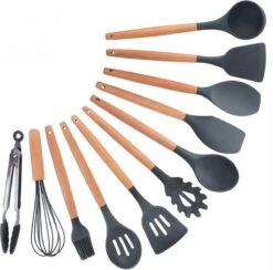 Krumble Keukengerei - Spatels Set - Bakspatel - Roerspatel - Garde - Ophangbaar - 11 Delig - Kookgerei - BPA Vrij - Siliconen Spatels Met Houten Steel - Grijs En Bruin