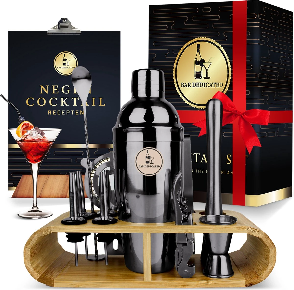 Bar Dedicated - Cocktail Shaker Set - 16 Delig - Cocktail Set Zwart - Met Nederlandstalig Receptenboek - Pasen 1 Bar Dedicated - Cocktail Shaker Set - 16 Delig - Cocktail Set Zwart - Met Nederlandstalig Receptenboek - Pasen