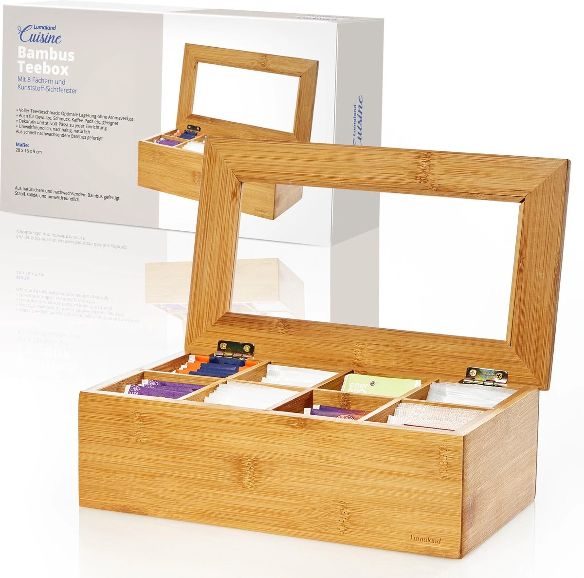 Lumaland Cuisine - Theedoos Van Bamboe - Theebox Met 8 Vakken - Duurzam Decoratief Materiaal - Ca. 28 X 16 X 9 Cm 2 Lumaland Cuisine - Theedoos Van Bamboe - Theebox Met 8 Vakken - Duurzam Decoratief Materiaal - Ca. 28 X 16 X 9 Cm - Afbeelding 2