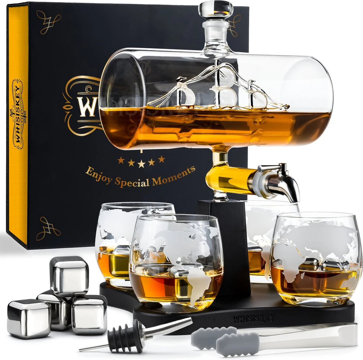 Whisiskey Whiskey Karaf - Luxe Whisky Karaf Set Zeilschip - 1L - Decanteer Karaf - Zeilboot - Whiskey Set - Incl. 4 Whiskey Stones, Schenktuit, Tap & 4 Whiskey Glazen - Peaky Blinders - Cadeau Voor Man & Vrouw 1 Whisiskey Whiskey Karaf - Luxe Whisky Karaf Set Zeilschip - 1L - Decanteer Karaf - Zeilboot - Whiskey Set - Incl. 4 Whiskey Stones, Schenktuit, Tap & 4 Whiskey Glazen - Peaky Blinders - Cadeau Voor Man & Vrouw