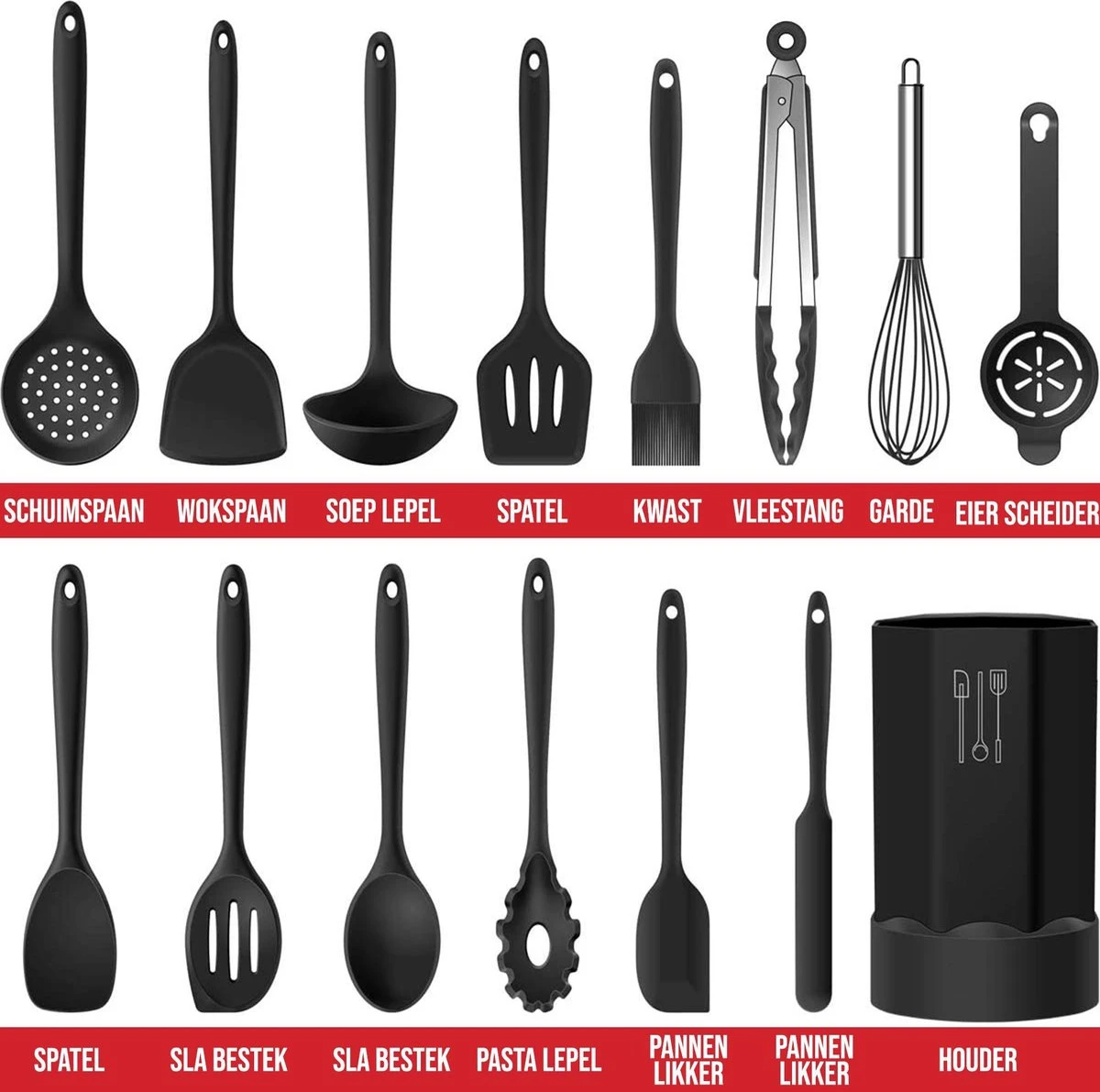 Strex Keukengerei Set Met Houder 15 Delig - Hittebestendig / BPA Vrij / Siliconen - Keuken Gerei 2 Strex Keukengerei Set Met Houder 15 Delig - Hittebestendig / BPA Vrij / Siliconen - Keuken Gerei - Afbeelding 2