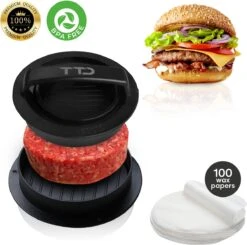 TTD Hamburgerpers En Hamburgermaker - Gehaktvorm Voor Hamburgers - Ook Voor Miniburgers En Gevulde Burgers - Vaatwasserbestendig - BPA Vrij - Inclusief 100 Waxpapiertjes - Zwart