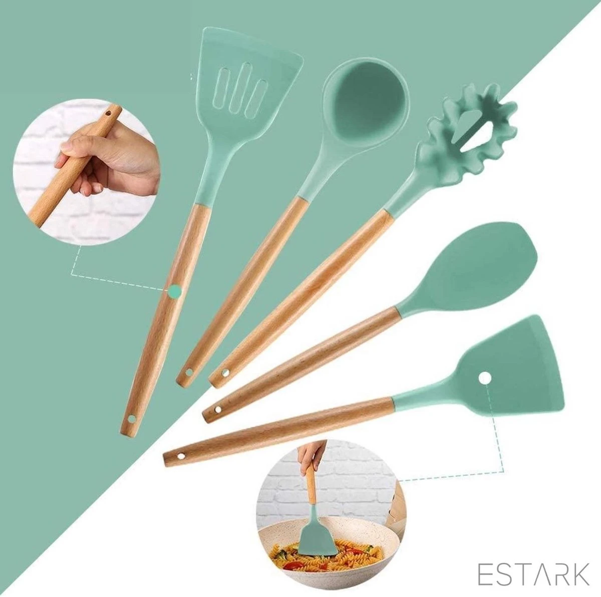 ESTARK® Keukengerei Set - Keukengerei Houder - Keukengerei Set Met Houder - 12 Delig - Antraciet Zwart - Houten Steel - Siliconen - Kerstcadeau - Pastalepel - Spatel Voor Beslag - Open Spatel - Grote Lepel - Open Lepel - Soeplepel - Keuken Spatels 12 13 ESTARK® Keukengerei Set - Keukengerei Houder - Keukengerei Set Met Houder - 12 Delig - Antraciet Zwart - Houten Steel - Siliconen - Kerstcadeau - Pastalepel - Spatel Voor Beslag - Open Spatel - Grote Lepel - Open Lepel - Soeplepel - Keuken Spatels 12 - Afbeelding 13