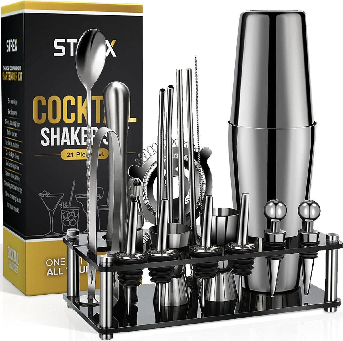 Strex Cocktail Set Zilver RVS 21 Delig (750ml) - Incl. NL Receptenboek - Cocktail Shaker - Cadeauverpakking 1 Strex Cocktail Set Zilver RVS 21 Delig (750ml) - Incl. NL Receptenboek - Cocktail Shaker - Cadeauverpakking