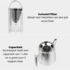 Castagnola Theepot Met Filter – Theekan – Theepot Dubbelwandig – Theepot Roestvrijstaal – Hoogwaardig RVS – 1 Liter – 5 Kopjes Thee – Zilver -Kookgerei Koning Verkoop 1200x1195 13