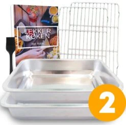 YUGN COMBI Set Braadslede Ovenschaal Combi Braadslee Oven Set - 2x Braadslede Met Rooster Voor Ovengerechten - 36x27x7CM En 40x30x7CM En Inclusief Bakkwast - Cadeau- Cadeautip