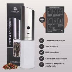 DODANA Premium Peper - & Zoutmolen Elektrisch - 1 Stuk - Pepermolen - Zoutmolen - Oplaadbaar - USB - Elektrische Pepermolen - RVS - Zwaartekracht Functie - LED Lamp - Nl Handleiding - Incl Borsteltje -Kookgerei Koning Verkoop 1200x1199 11