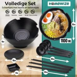 Homewize Ramen Bowl 3x - Set 14-delig - Noodle Kom Set Met Soeplepels & Eetstokjes - Sterk & Vaatwasserbestendig Japans Melamine Servies - Stijlvolle Noodle Bowl Set Voor 3 Personen - Duurzaam Cadeau -Kookgerei Koning Verkoop 1200x1200 1121