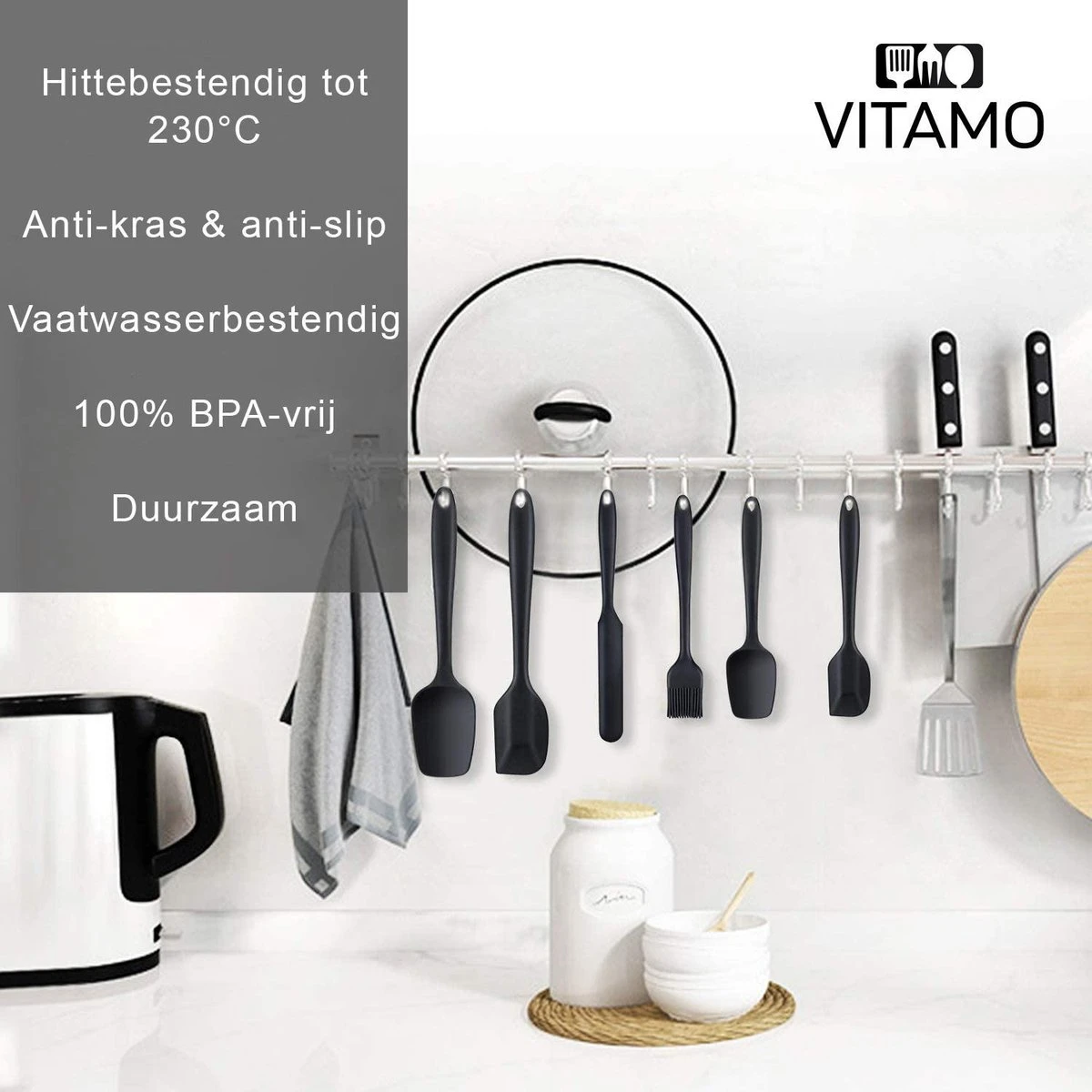 VITAMO Siliconen Spatels - Lepels - Kwast - Pannenlikker - BBQ - Hittebestendig - Vaatwasserbestendig - BPA Vrij - Keukengerei - Zwart - 6 Stuks Voordeelset 2 VITAMO Siliconen Spatels - Lepels - Kwast - Pannenlikker - BBQ - Hittebestendig - Vaatwasserbestendig - BPA Vrij - Keukengerei - Zwart - 6 Stuks Voordeelset - Afbeelding 2