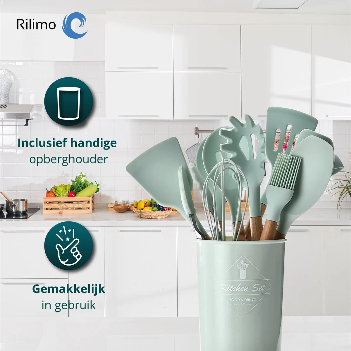 Keukengerei Set Met Houder - Kookgerei Set Spatel Pot - Keukengerei Keukenset - 12 Delig Mint Groen 2 Keukengerei Set Met Houder - Kookgerei Set Spatel Pot - Keukengerei Keukenset - 12 Delig Mint Groen - Afbeelding 2