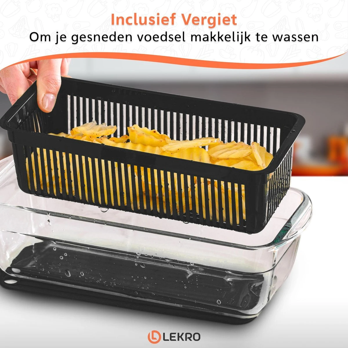 Lekro Multifunctionele Groentesnijder Met Glazen Ovenschaal - Mandoline - Uiensnijder - Frietsnijder - Groentensnijder- Anti-slip Mat - Glas & RSV - 12-delig 5 Lekro Multifunctionele Groentesnijder Met Glazen Ovenschaal - Mandoline - Uiensnijder - Frietsnijder - Groentensnijder- Anti-slip Mat - Glas & RSV - 12-delig - Afbeelding 5