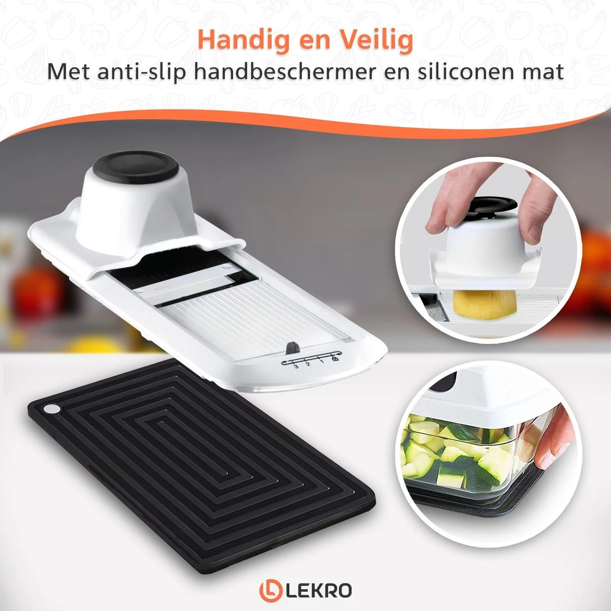 Lekro Multifunctionele Groentesnijder Met Glazen Ovenschaal - Mandoline - Uiensnijder - Frietsnijder - Groentensnijder- Anti-slip Mat - Glas & RSV - 12-delig 7 Lekro Multifunctionele Groentesnijder Met Glazen Ovenschaal - Mandoline - Uiensnijder - Frietsnijder - Groentensnijder- Anti-slip Mat - Glas & RSV - 12-delig - Afbeelding 7