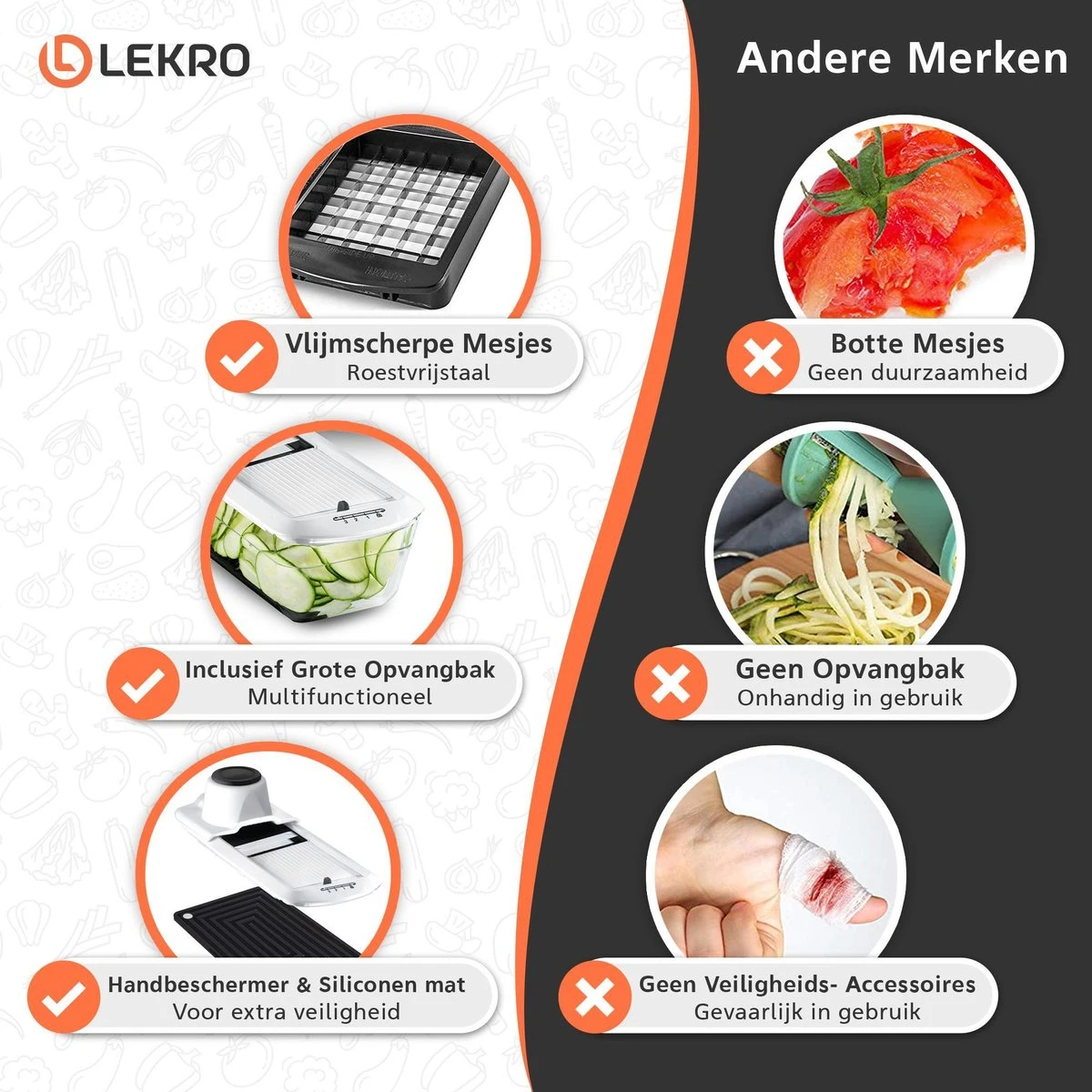 Lekro Multifunctionele Groentesnijder Met Glazen Ovenschaal - Mandoline - Uiensnijder - Frietsnijder - Groentensnijder- Anti-slip Mat - Glas & RSV - 12-delig 8 Lekro Multifunctionele Groentesnijder Met Glazen Ovenschaal - Mandoline - Uiensnijder - Frietsnijder - Groentensnijder- Anti-slip Mat - Glas & RSV - 12-delig - Afbeelding 8