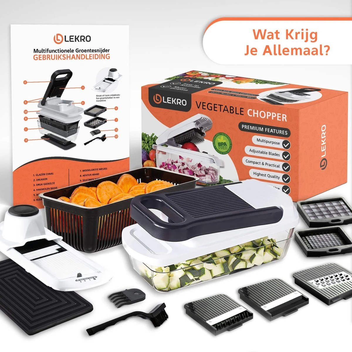 Lekro Multifunctionele Groentesnijder Met Glazen Ovenschaal - Mandoline - Uiensnijder - Frietsnijder - Groentensnijder- Anti-slip Mat - Glas & RSV - 12-delig 9 Lekro Multifunctionele Groentesnijder Met Glazen Ovenschaal - Mandoline - Uiensnijder - Frietsnijder - Groentensnijder- Anti-slip Mat - Glas & RSV - 12-delig - Afbeelding 9