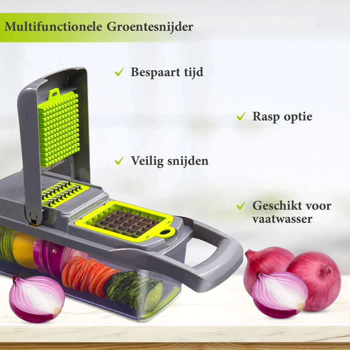 ProudProducts – Multifunctionele Groentesnijder – Groentesnijder Uiensnijder - Mandoline – 12 Delig – RVS Scherpe Messen – Zwart/Groen 2 ProudProducts – Multifunctionele Groentesnijder – Groentesnijder Uiensnijder - Mandoline – 12 Delig – RVS Scherpe Messen – Zwart/Groen - Afbeelding 2