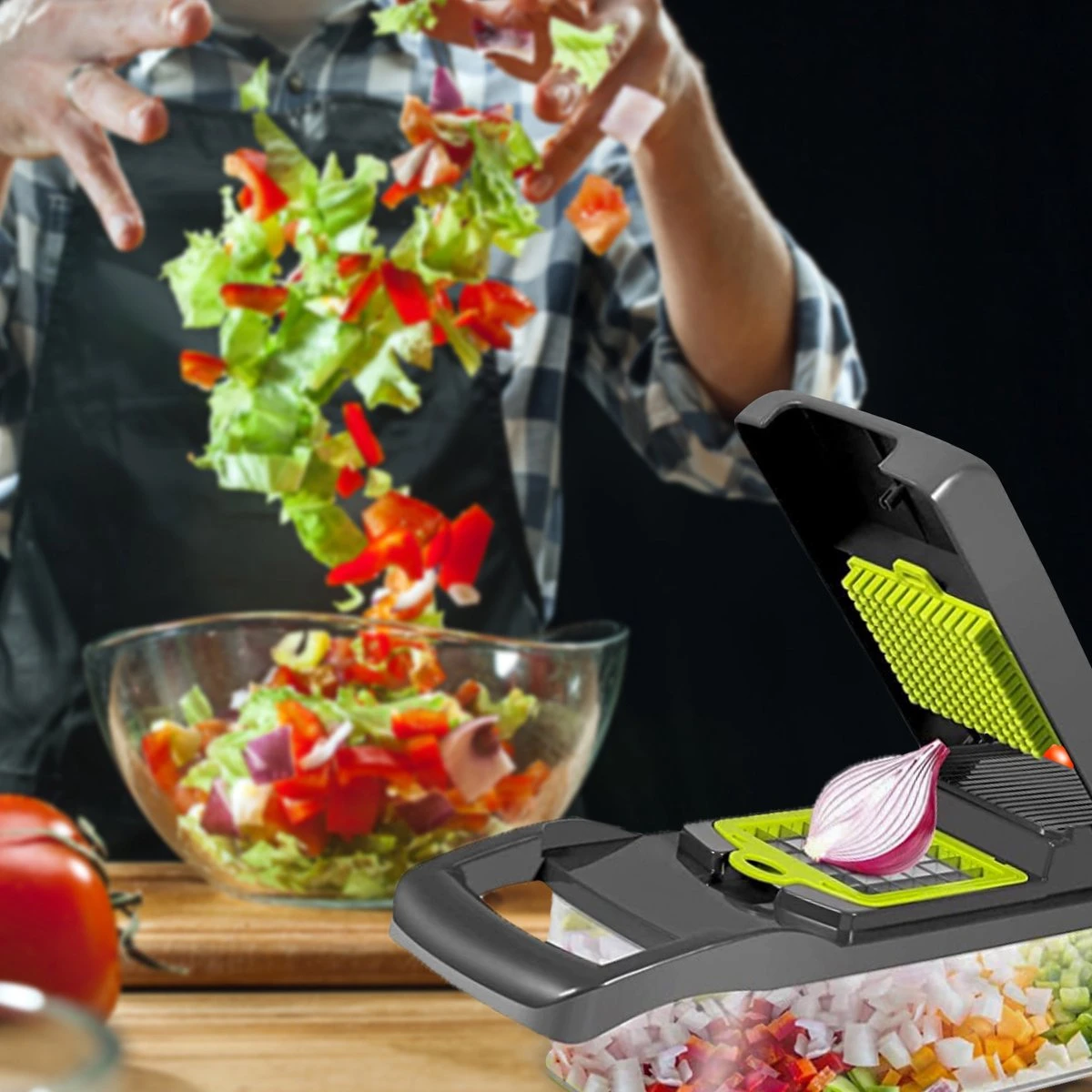 ProudProducts – Multifunctionele Groentesnijder – Groentesnijder Uiensnijder - Mandoline – 12 Delig – RVS Scherpe Messen – Zwart/Groen 9 ProudProducts – Multifunctionele Groentesnijder – Groentesnijder Uiensnijder - Mandoline – 12 Delig – RVS Scherpe Messen – Zwart/Groen - Afbeelding 9