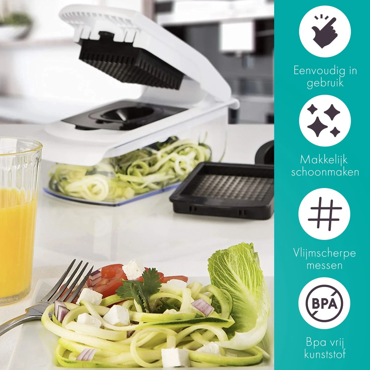 Cavos - Multifunctionele Groentesnijder - Mandoline - Uiensnijder - Frietsnijder - Rasp - Vlijmscherp - BPA-vrij 4 Cavos - Multifunctionele Groentesnijder - Mandoline - Uiensnijder - Frietsnijder - Rasp - Vlijmscherp - BPA-vrij - Afbeelding 4