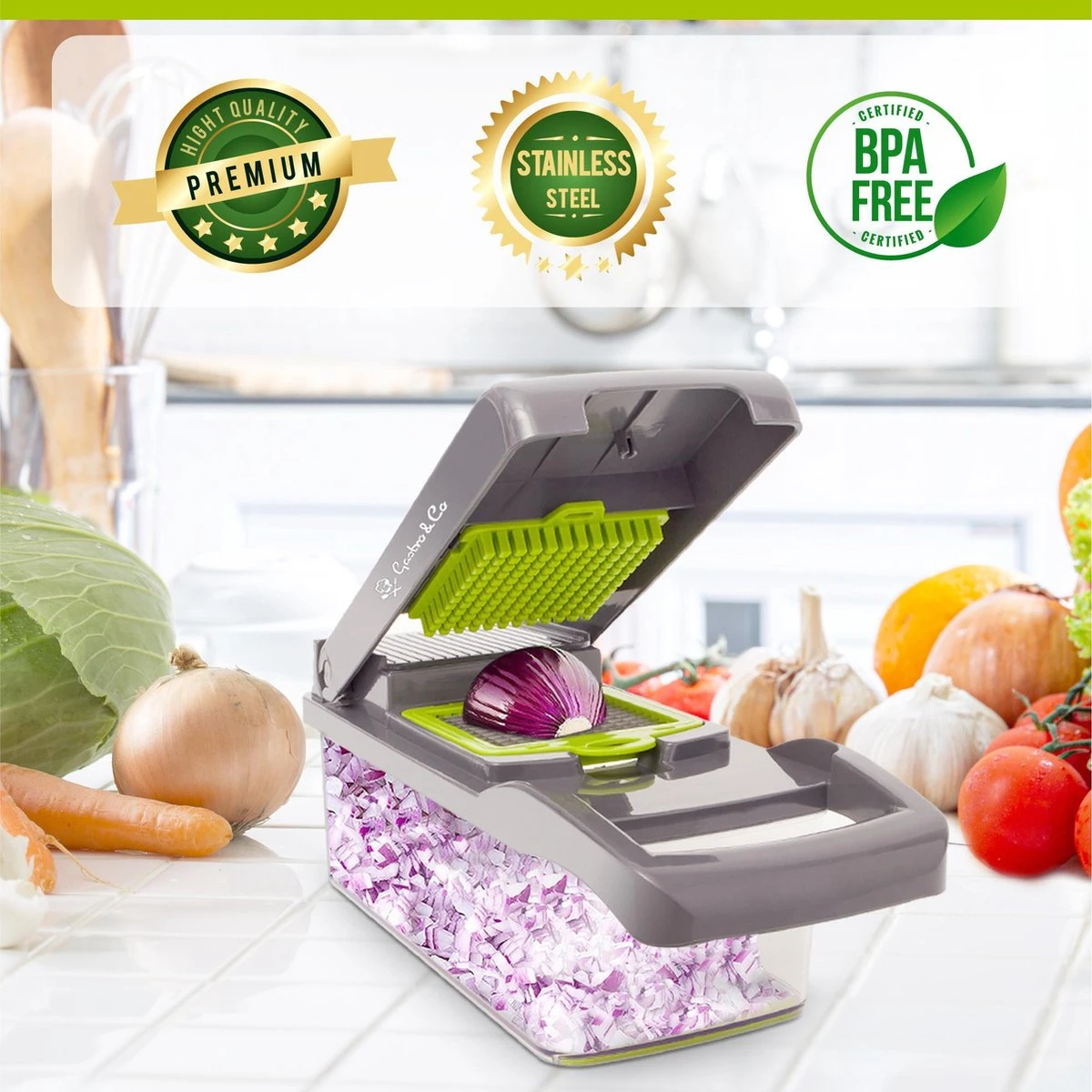 Gastro & Co® 8-Delige Mandoline - Multifunctionele Groentesnijder Inclusief Eiwitscheider & Schoonmaakborstel - Groente & Fruit Snijder - Julienne Keukensnijder - Keuken Snijmachine - Fruitsnijder - Uiensnijder - Patatsnijder - Frietsnijder 2 Gastro & Co® 8-Delige Mandoline - Multifunctionele Groentesnijder Inclusief Eiwitscheider & Schoonmaakborstel - Groente & Fruit Snijder - Julienne Keukensnijder - Keuken Snijmachine - Fruitsnijder - Uiensnijder - Patatsnijder - Frietsnijder - Afbeelding 2