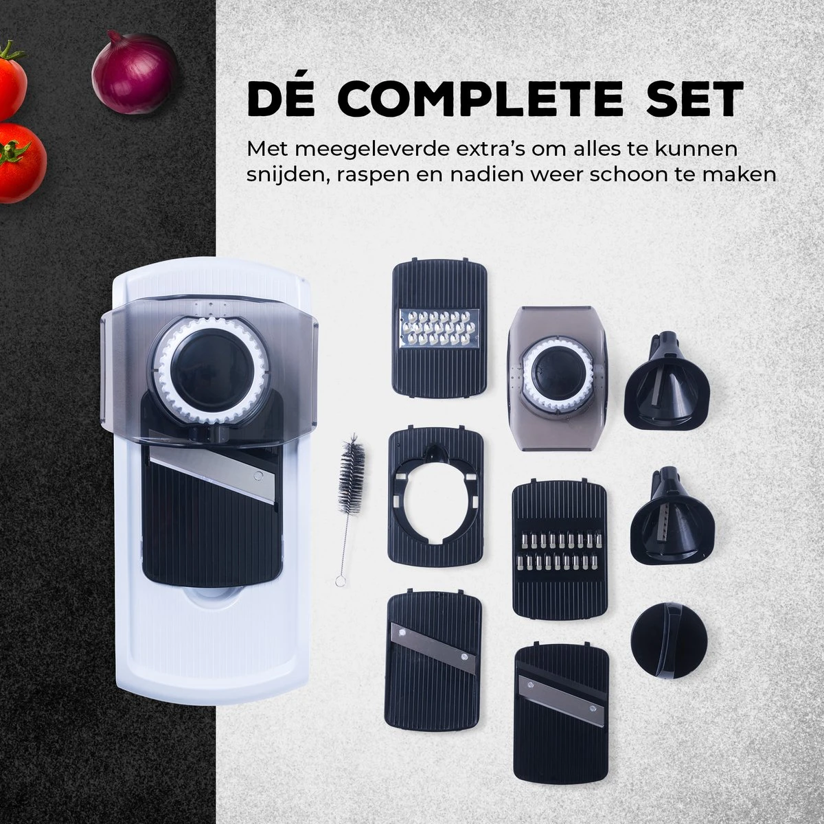 Estus QuickSlicer Mandoline Keukensnijder - Groentesnijder - Uiensnijder - Spiraalsnijder - Roestvrij Staal - Vingerbeschermer - 6 Opzetstukken 3 Estus QuickSlicer Mandoline Keukensnijder - Groentesnijder - Uiensnijder - Spiraalsnijder - Roestvrij Staal - Vingerbeschermer - 6 Opzetstukken - Afbeelding 3