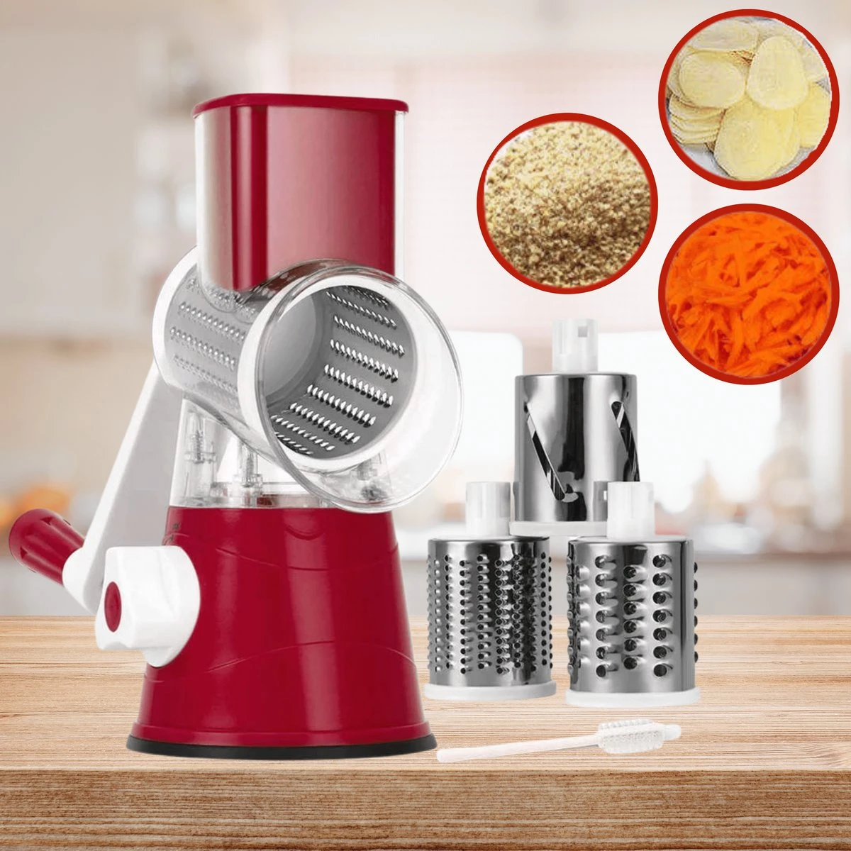 Mandoline Groentesnijder- Slicer Dicer - Rasper - Keukensnijder - Kaasrasp – Trommelrasp - Rood 1 Mandoline Groentesnijder- Slicer Dicer - Rasper - Keukensnijder - Kaasrasp – Trommelrasp - Rood