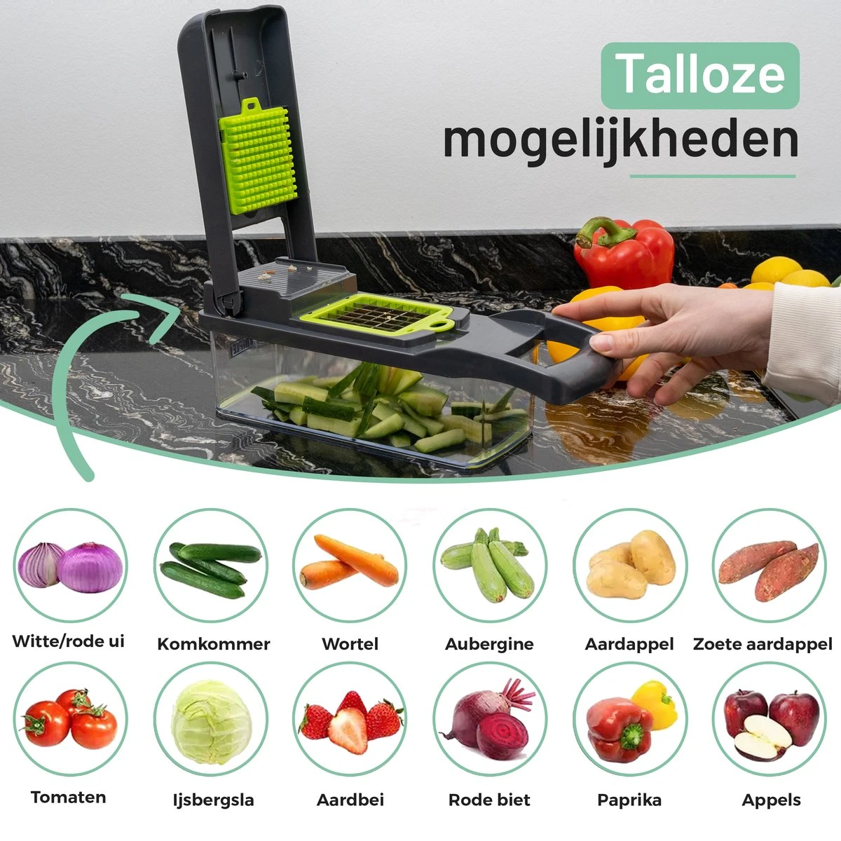 Triple J® Multi Functionele Mandoline Keukensnijder - Groentesnijder - Keukenmachine - Snijmachine - Rasp - Keuken Accessoires 6 Triple J® Multi Functionele Mandoline Keukensnijder - Groentesnijder - Keukenmachine - Snijmachine - Rasp - Keuken Accessoires - Afbeelding 6