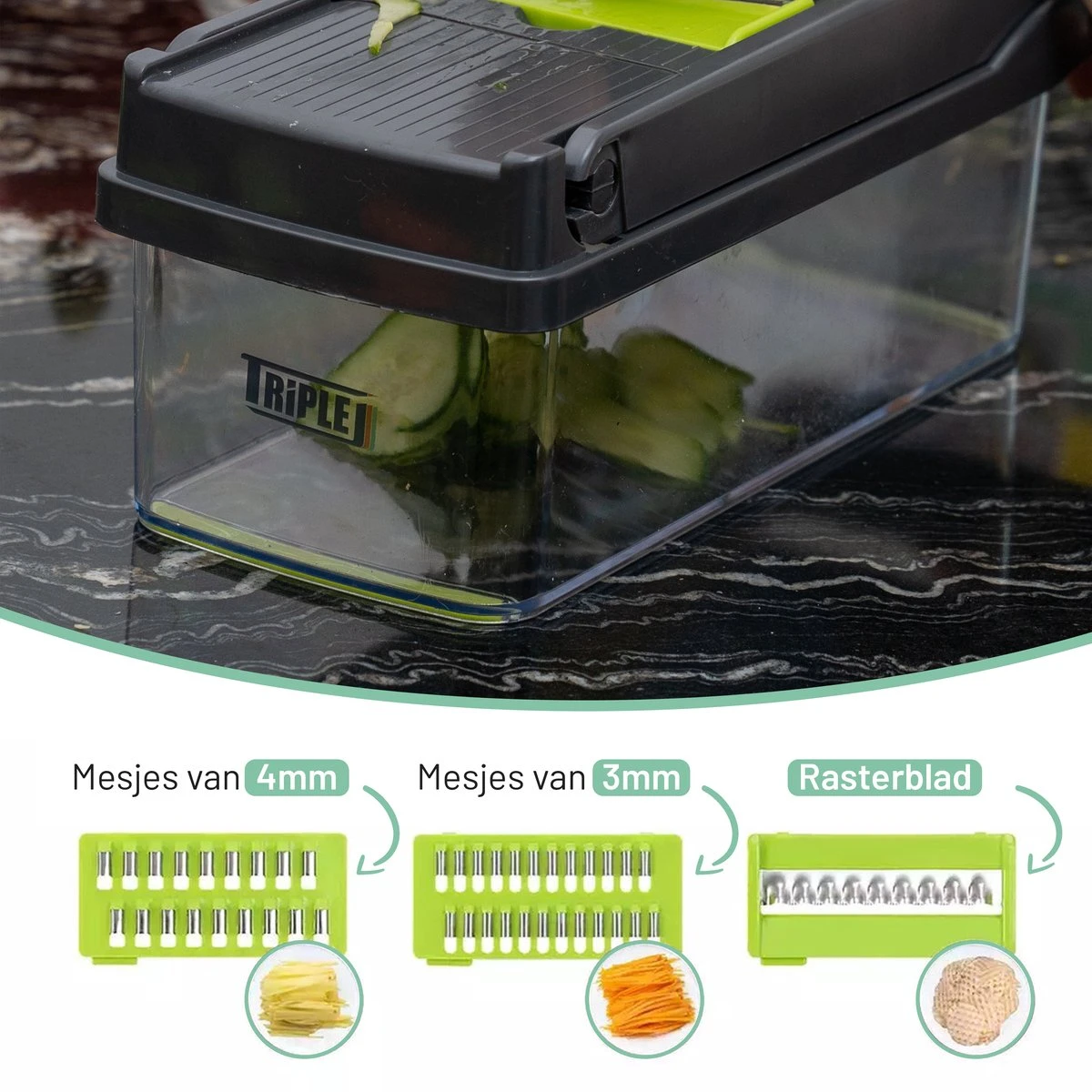 Triple J® Multi Functionele Mandoline Keukensnijder - Groentesnijder - Keukenmachine - Snijmachine - Rasp - Keuken Accessoires 8 Triple J® Multi Functionele Mandoline Keukensnijder - Groentesnijder - Keukenmachine - Snijmachine - Rasp - Keuken Accessoires - Afbeelding 8