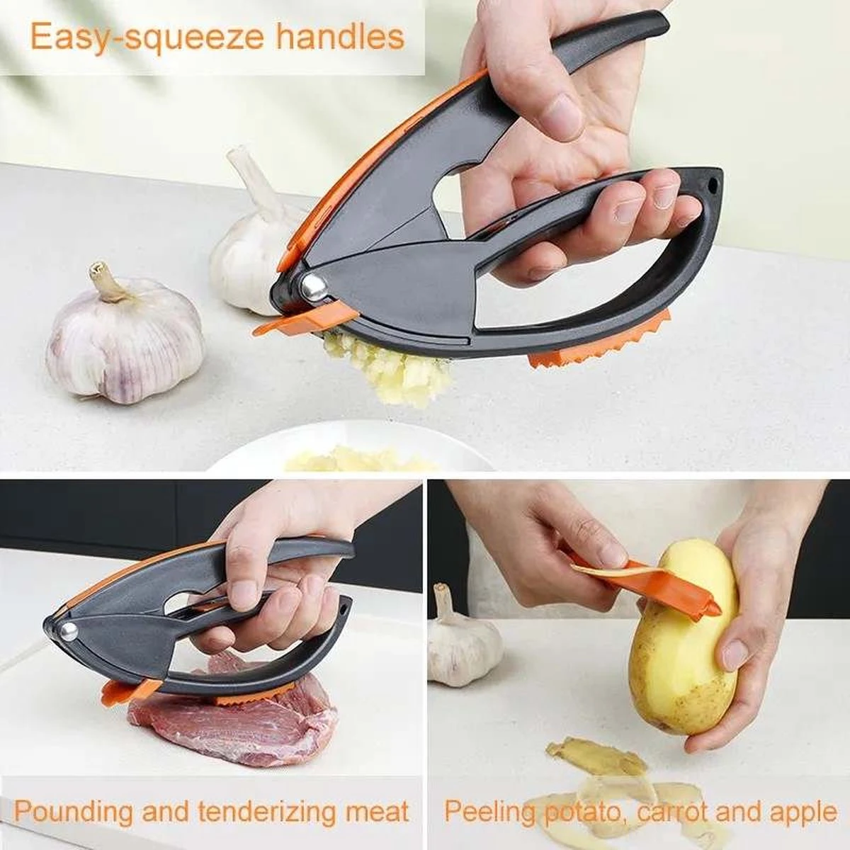 Merkloos Knoflookpers/Aardappel Schiller/Vlees Hamer - 3 In 1 - Vaatwasser Bestendig - Zwart/Oranje 2 Merkloos Knoflookpers/Aardappel Schiller/Vlees Hamer - 3 In 1 - Vaatwasser Bestendig - Zwart/Oranje - Afbeelding 2