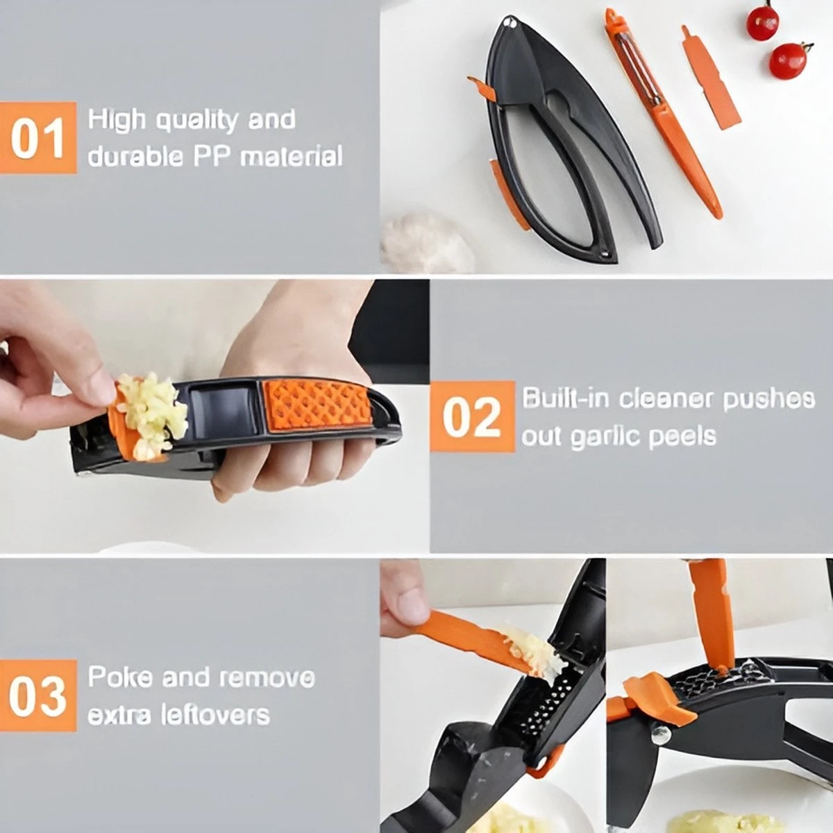 Merkloos Knoflookpers/Aardappel Schiller/Vlees Hamer - 3 In 1 - Vaatwasser Bestendig - Zwart/Oranje 4 Merkloos Knoflookpers/Aardappel Schiller/Vlees Hamer - 3 In 1 - Vaatwasser Bestendig - Zwart/Oranje - Afbeelding 4