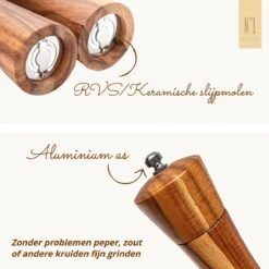 Peper En Zoutmolen Set - 22CM - Pepermolen - Zoutmolen - 2 Stuks - Acacia Hout - Instelbare Maalgraad - Duurzaam - Luxe Kwaliteit - Hervulbaar - Barbecue - BBQ Accesoires - Zout Peper Kruiden - Sinterklaas - Kerst -Kookgerei Koning Verkoop 1200x1200 2357