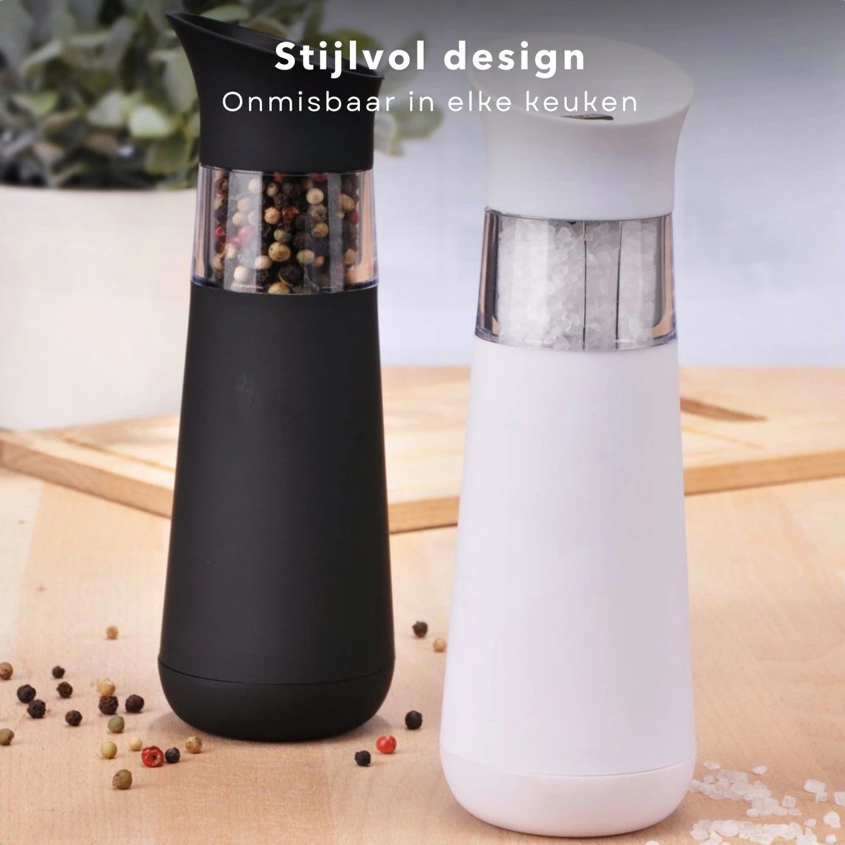 Cheqo® Elektrische Peper & Zoutmolen - Peper En Zoutmolen Set - Elektrisch - Zout Pepermolen Op Batterijen - Instelbare Grofheid - Kruidenmolen - 2 Stuks 3 Cheqo® Elektrische Peper & Zoutmolen - Peper En Zoutmolen Set - Elektrisch - Zout Pepermolen Op Batterijen - Instelbare Grofheid - Kruidenmolen - 2 Stuks - Afbeelding 3