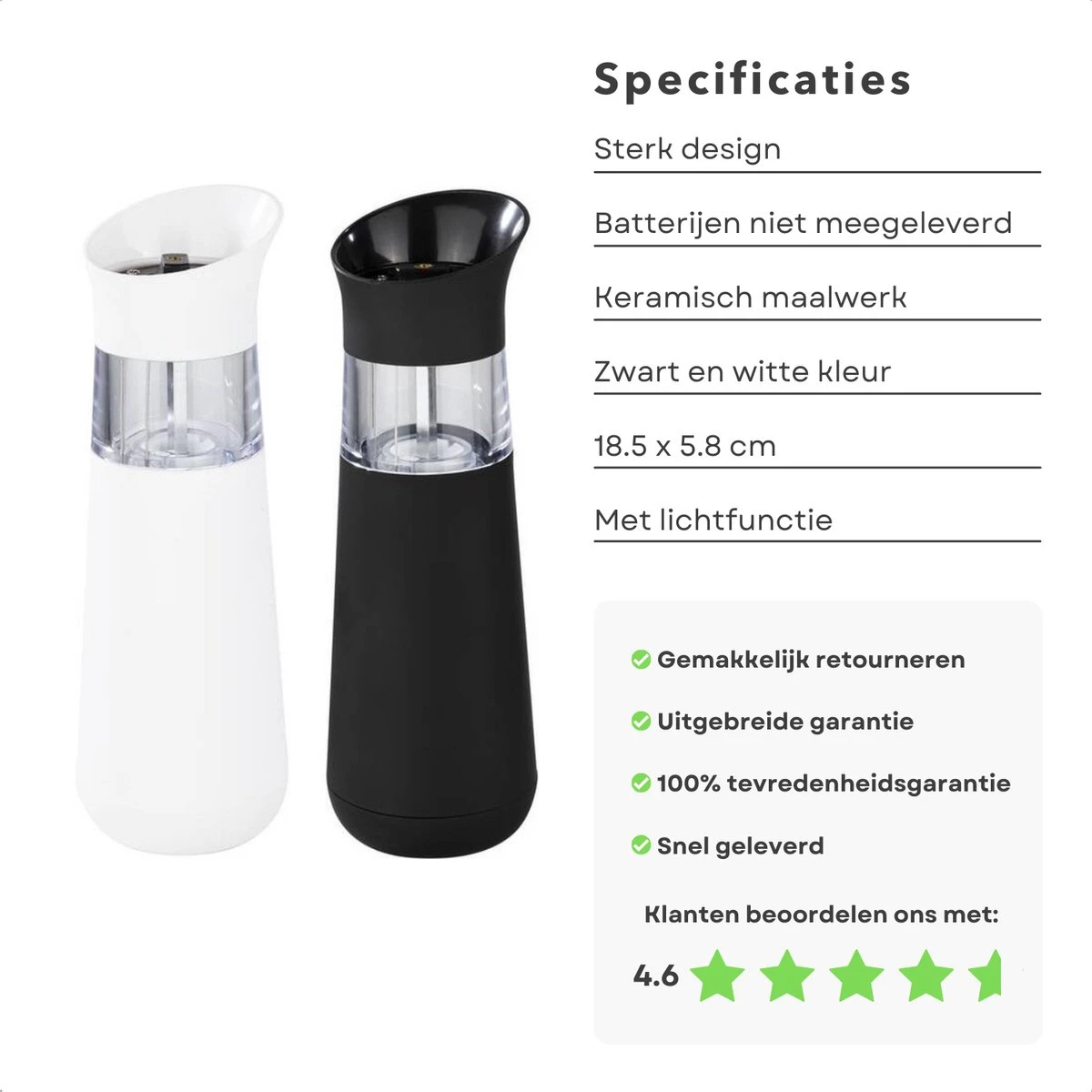 Cheqo® Elektrische Peper & Zoutmolen - Peper En Zoutmolen Set - Elektrisch - Zout Pepermolen Op Batterijen - Instelbare Grofheid - Kruidenmolen - 2 Stuks 4 Cheqo® Elektrische Peper & Zoutmolen - Peper En Zoutmolen Set - Elektrisch - Zout Pepermolen Op Batterijen - Instelbare Grofheid - Kruidenmolen - 2 Stuks - Afbeelding 4